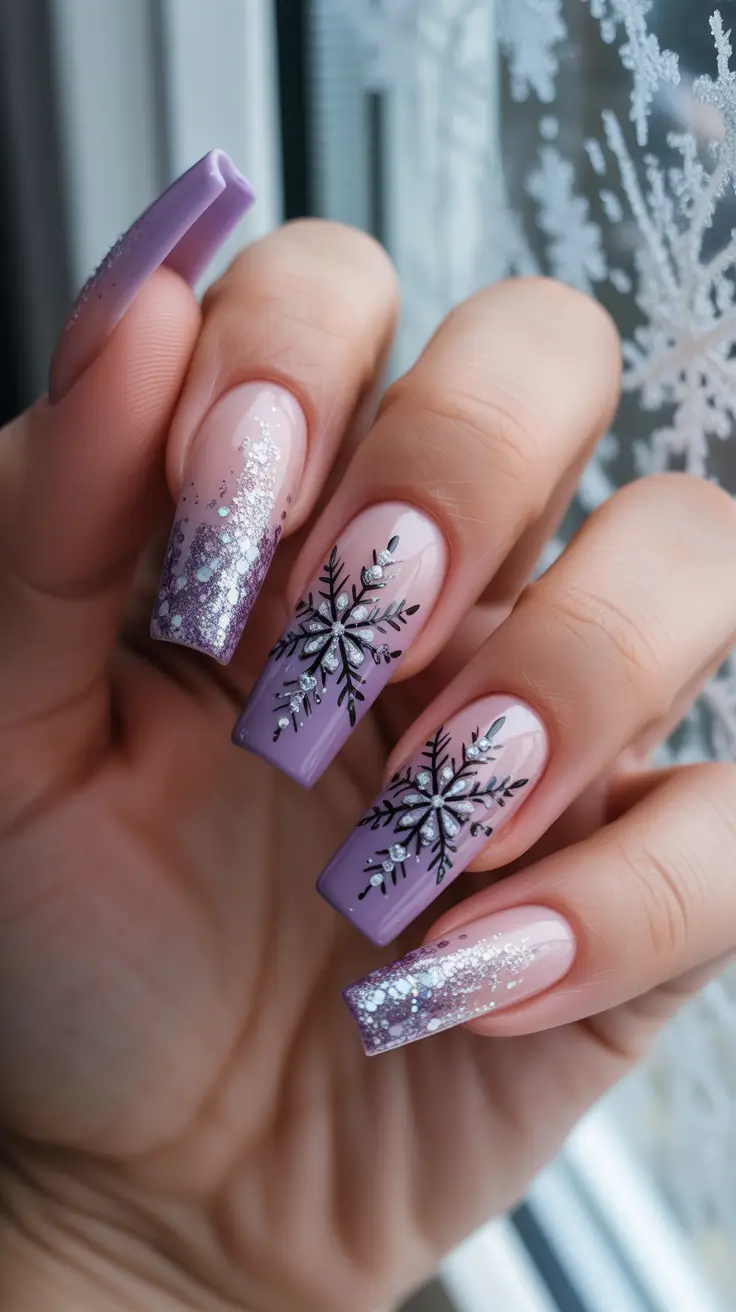 acrylic winter 2025 / 2026 nails design and color - Lavender Snow-Glow Coffin