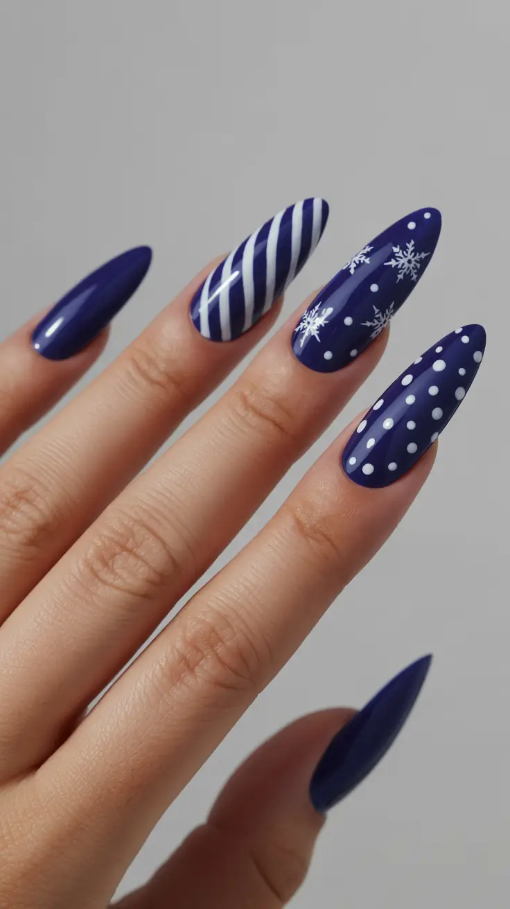 acrylic winter 2025 / 2026 nails design and color - Navy Candy-Stripe Almond