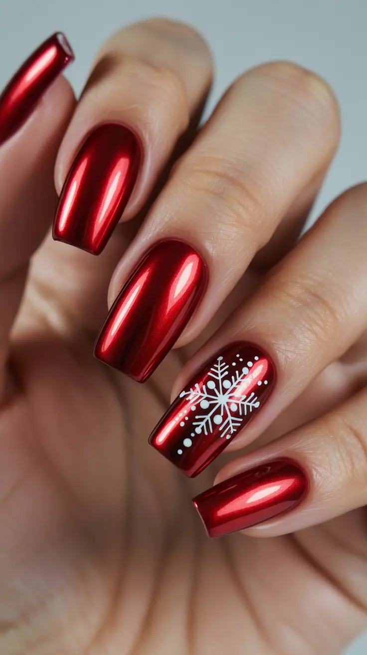 acrylic winter 2025 / 2026 nails design and color - Molten Red Chrome With Snowflake Accent