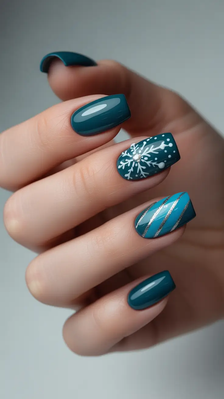 acrylic winter 2025 / 2026 nails design and color - Teal Frost Short Square