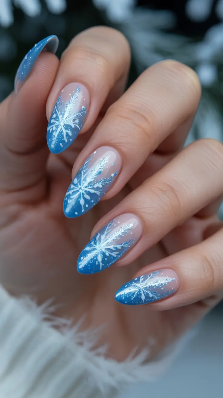 Winter Almond Nails 2025-2026 - Frozen Blue Fade with Snowflake Shine