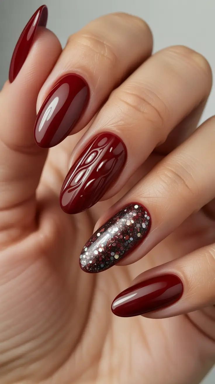Winter Almond Nails 2025-2026 - Mulled Wine Gloss with Party-Glitter Accent