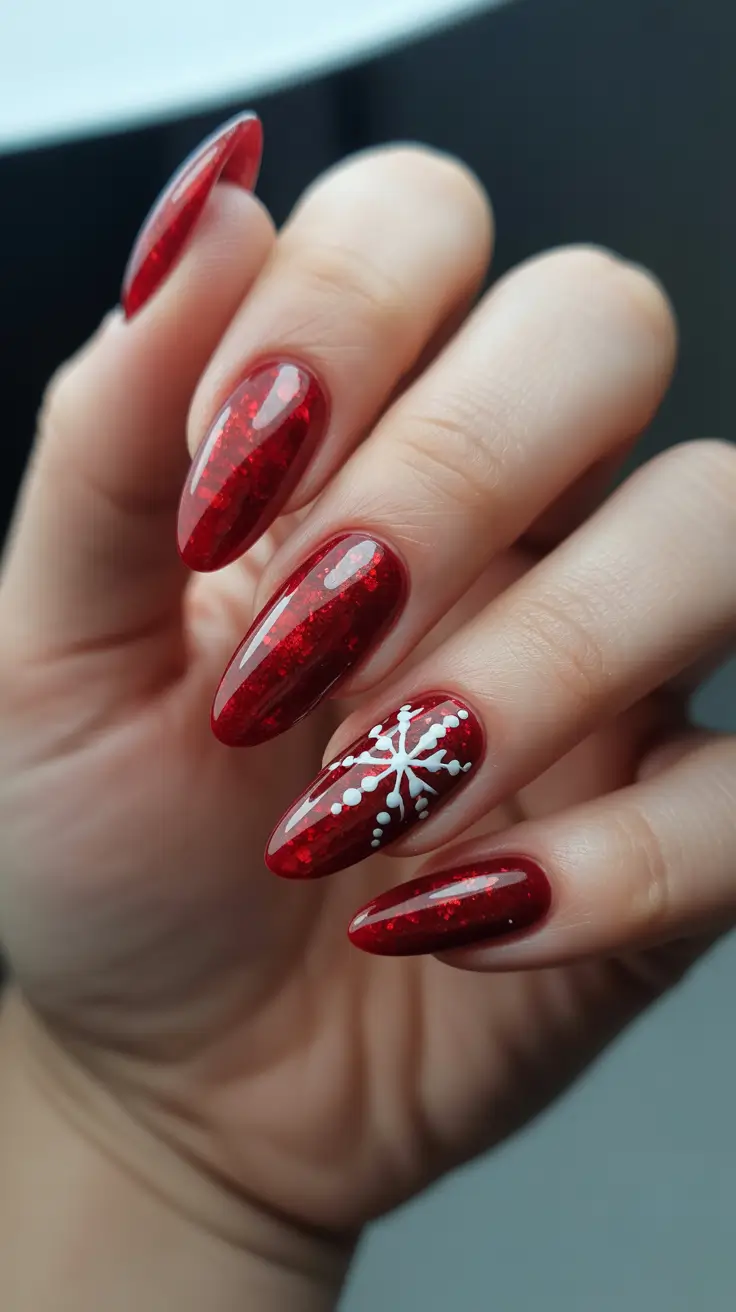 Winter Almond Nails 2025-2026 - Ruby Flakes with Snowflake Accent