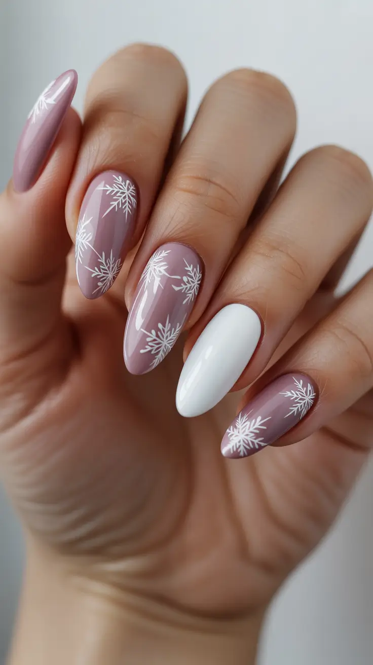 Winter Almond Nails 2025-2026 - Mauve Cocoa with Snowy Contrast