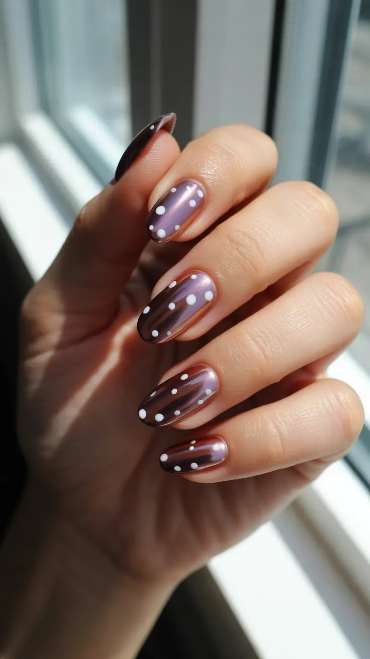 Winter Almond Nails 2025-2026 - Plum Chrome with Snow-Dot Trails