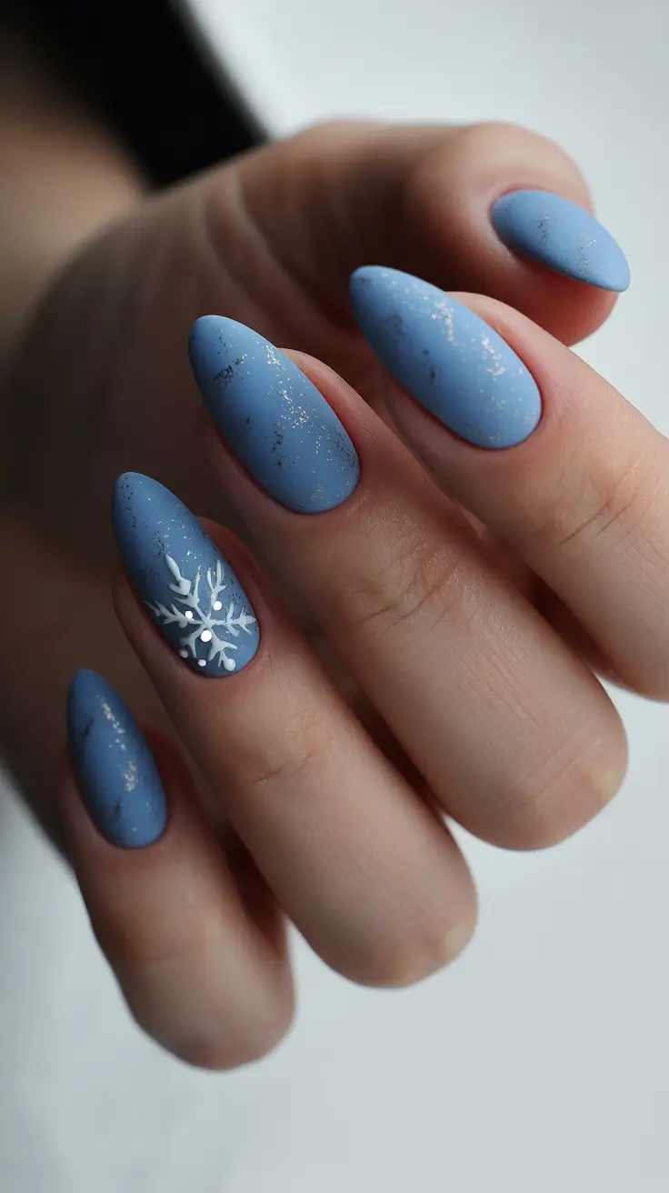 Winter Almond Nails 2025-2026 - Frosted Matte Blue with Single Snowflake