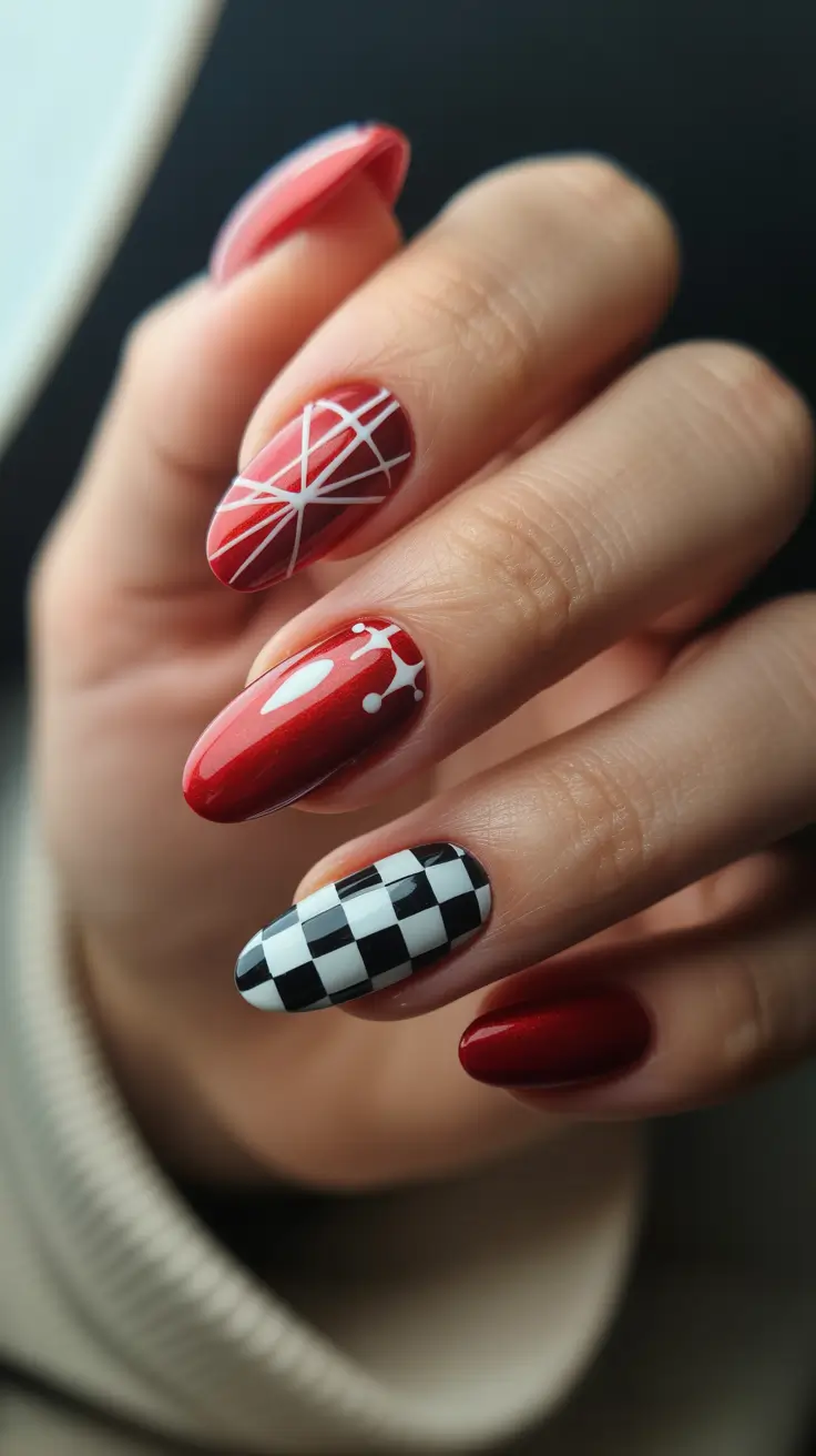 Winter Almond Nails 2025-2026 - Crimson Grid, Retro Dots, and Checker Chic