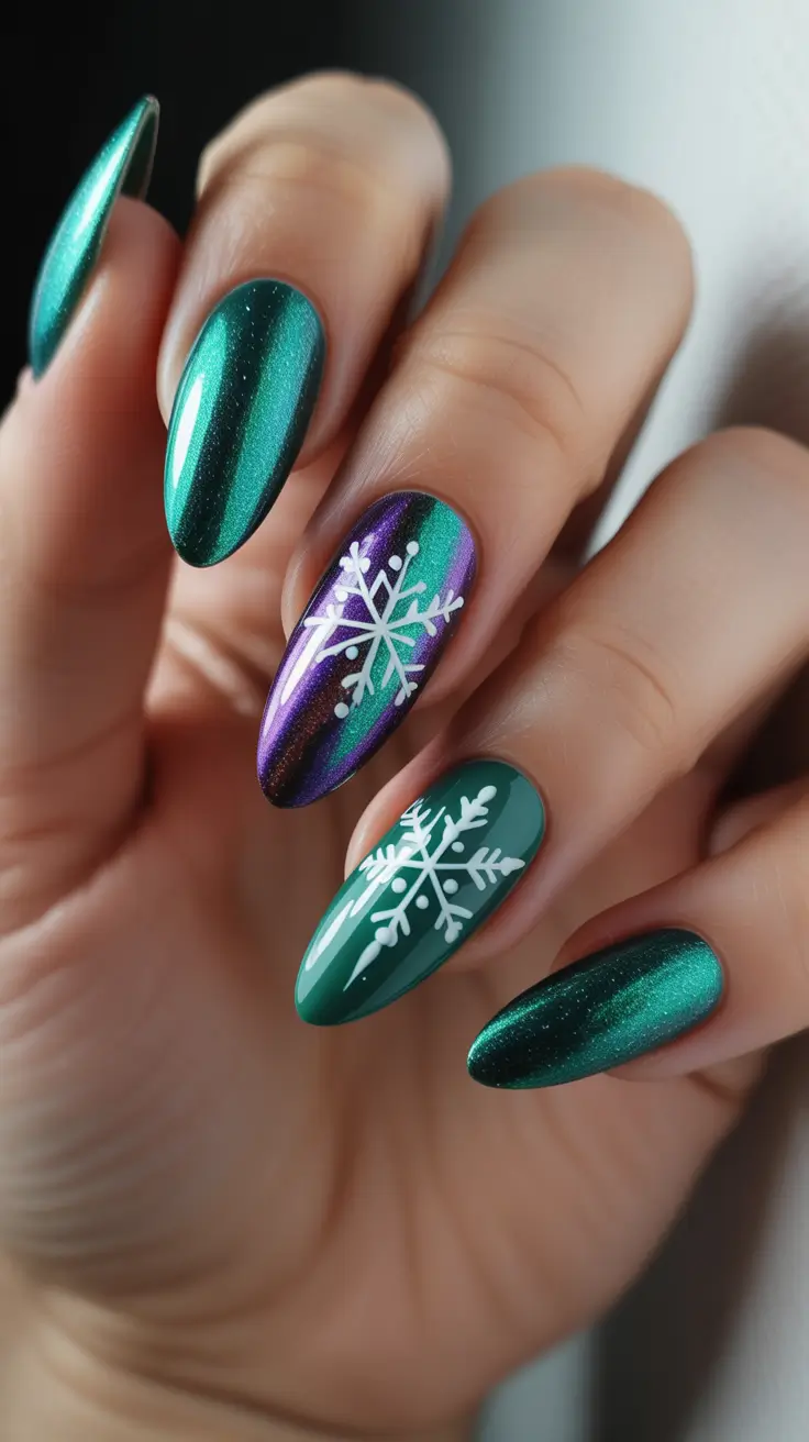 Winter Almond Nails 2025-2026 - Cat-Eye Aurora With Snowflake Accents