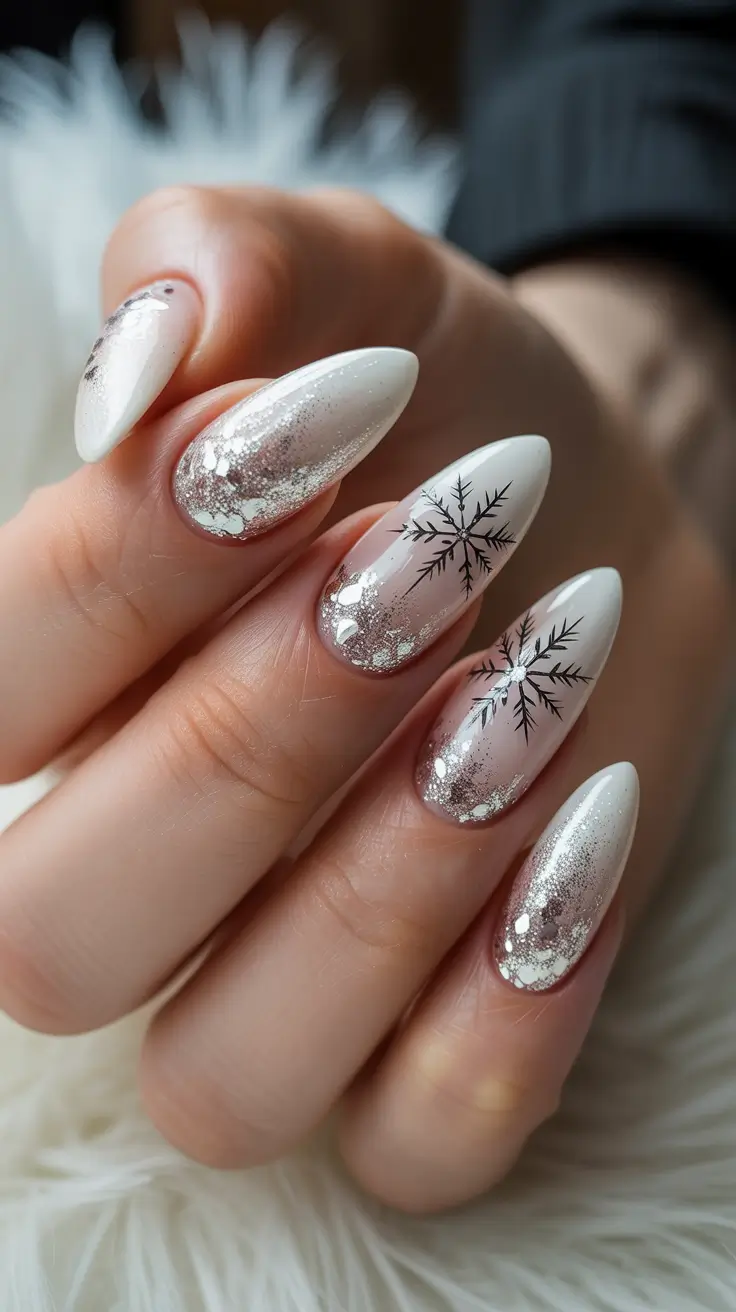 Winter Almond Nails 2025-2026 - Chrome-Glazed Icicle With Ink Sketch Flakes