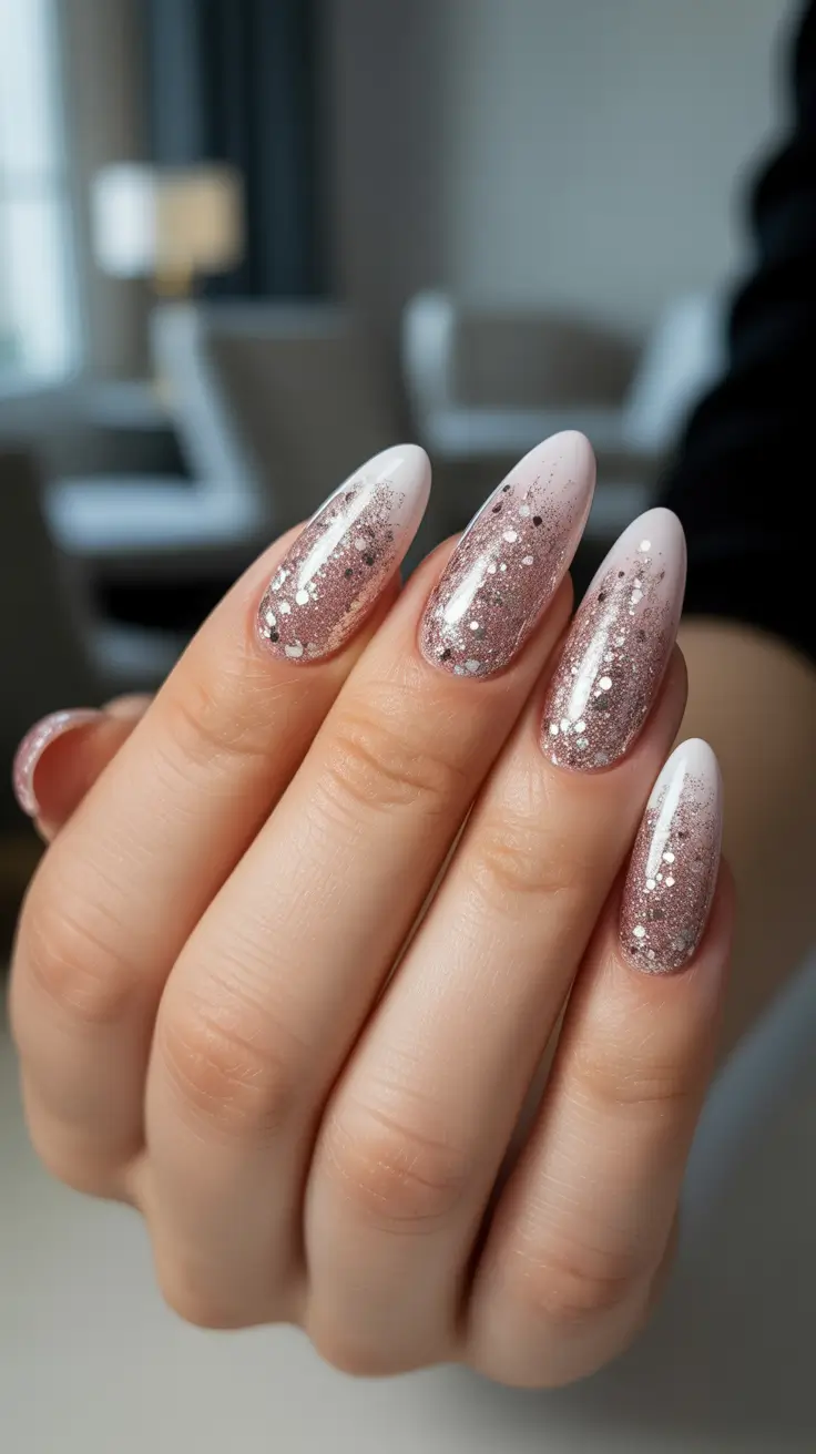 Winter Almond Nails 2025-2026 - Rosy Sparkle Ombre in Soft Focus