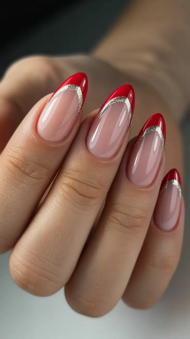 Winter Almond Nails 2025-2026 - Scarlet Crescent French With Glitter Veil