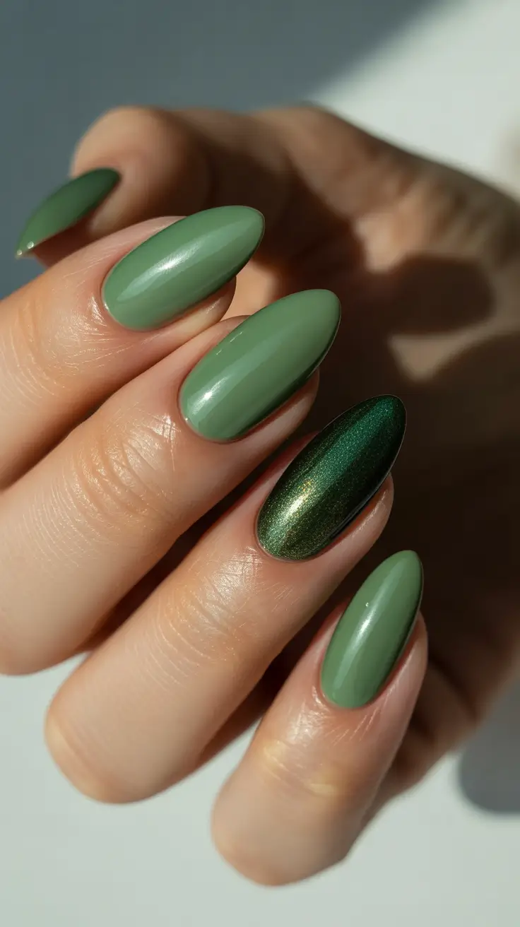 Winter Almond Nails 2025-2026 - Sage Studio with Emerald Cat-Eye Accent