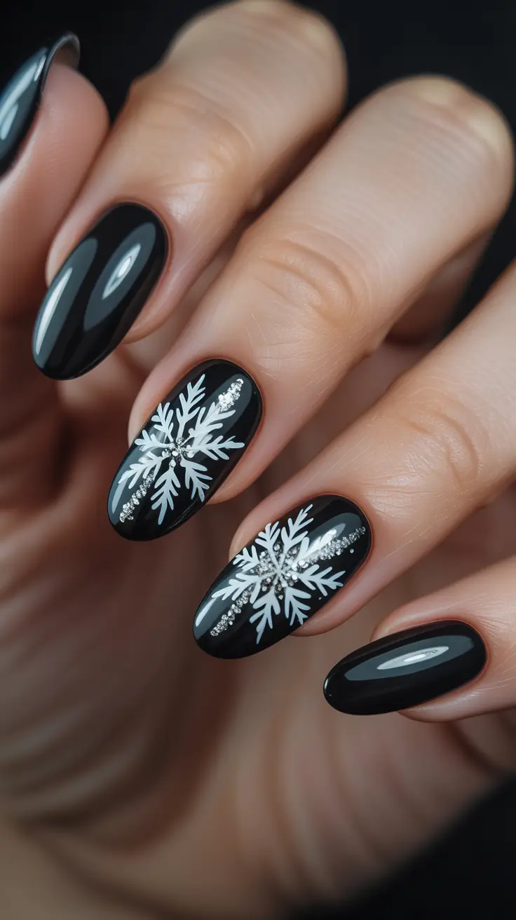 Winter Almond Nails 2025-2026 - Gloss Black with Crisp White Snowflakes