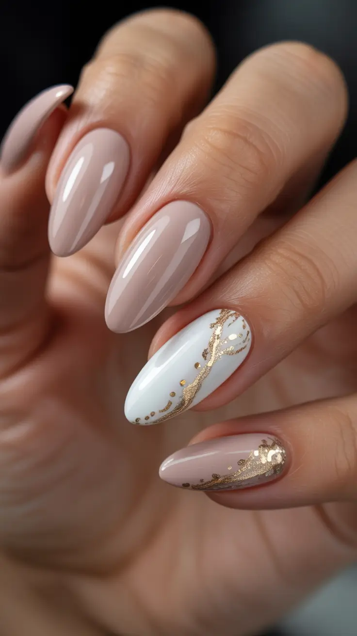 Winter Almond Nails 2025-2026 - Nude Latte with White and Gold Streams