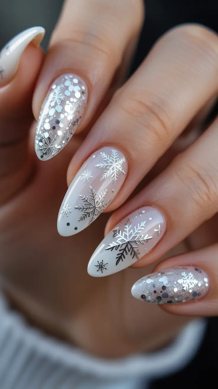 Winter Almond Nails 2025-2026 - Snowy Foil and Milky Sparkle