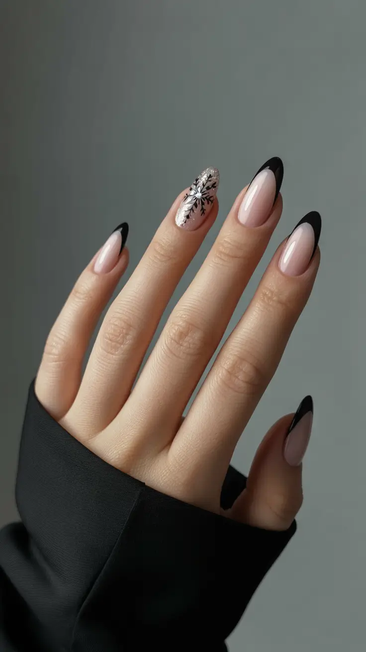 Winter Almond Nails 2025-2026 - Micro Black French With Icy Accent