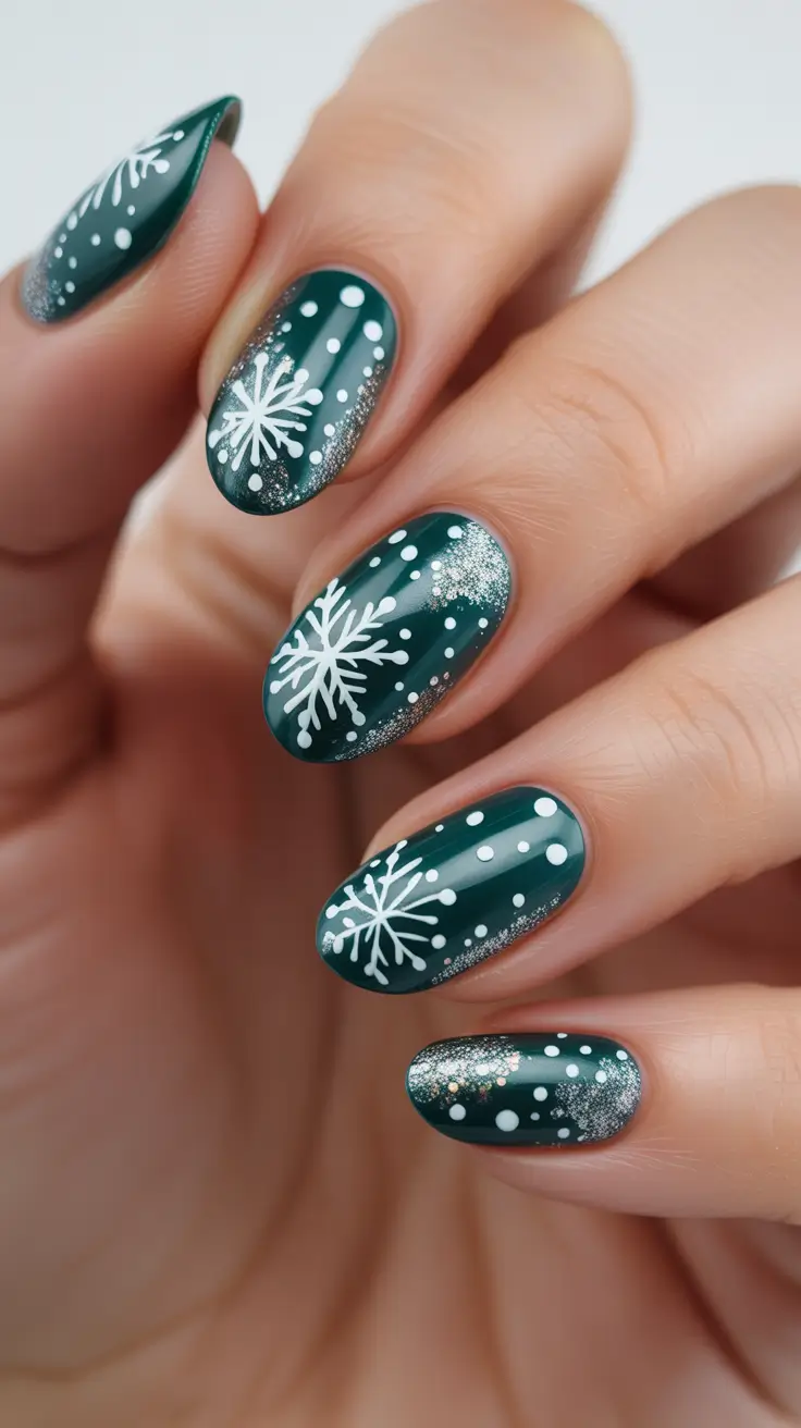 Winter Almond Nails 2025-2026 - Fir Night Snowflakes
