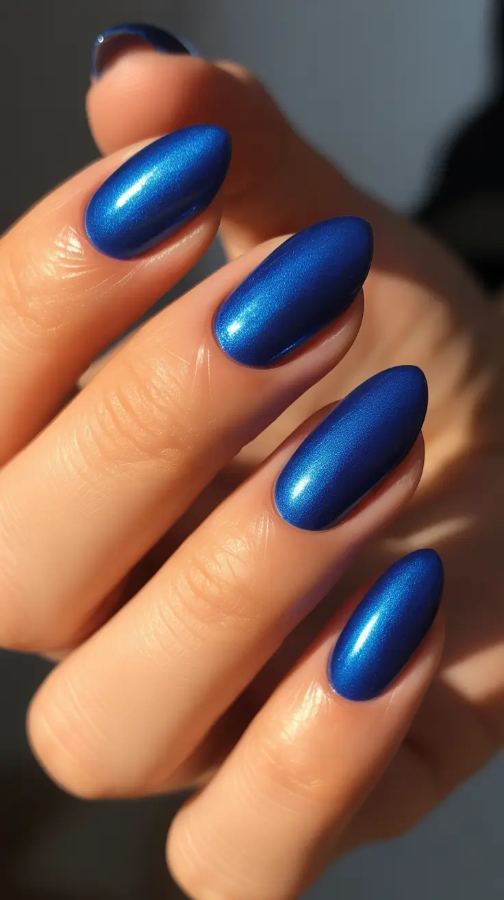 Winter Color Nails 2025-2026 - Electric Sapphire Almond - Chrome Sheen