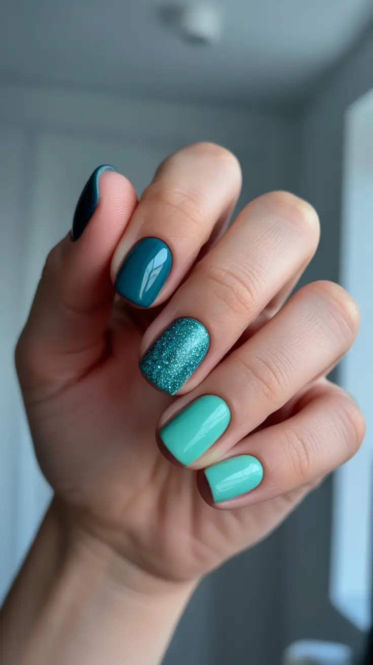 Winter Color Nails 2025-2026 - Evergreen Mix - Short Teals With Glitter Accent