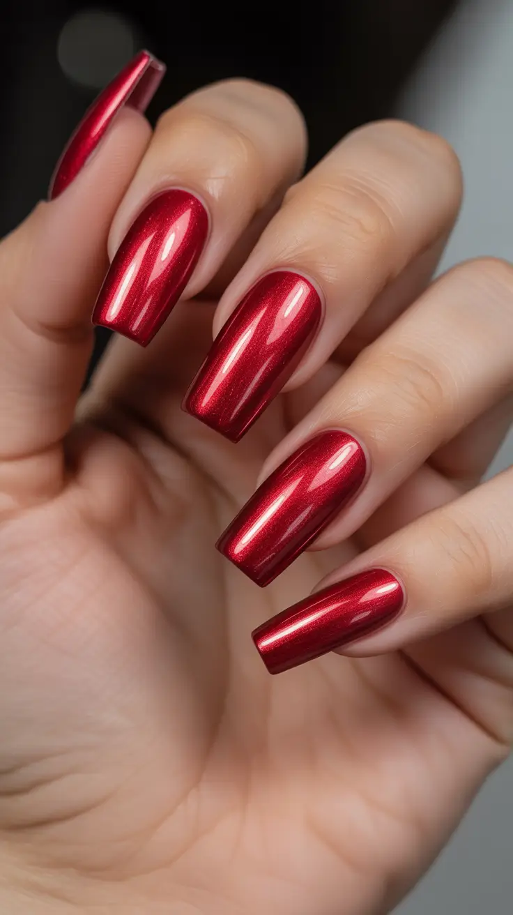 Winter Color Nails 2025-2026 - Molten Cranberry Coffins - Liquid Metal Finish
