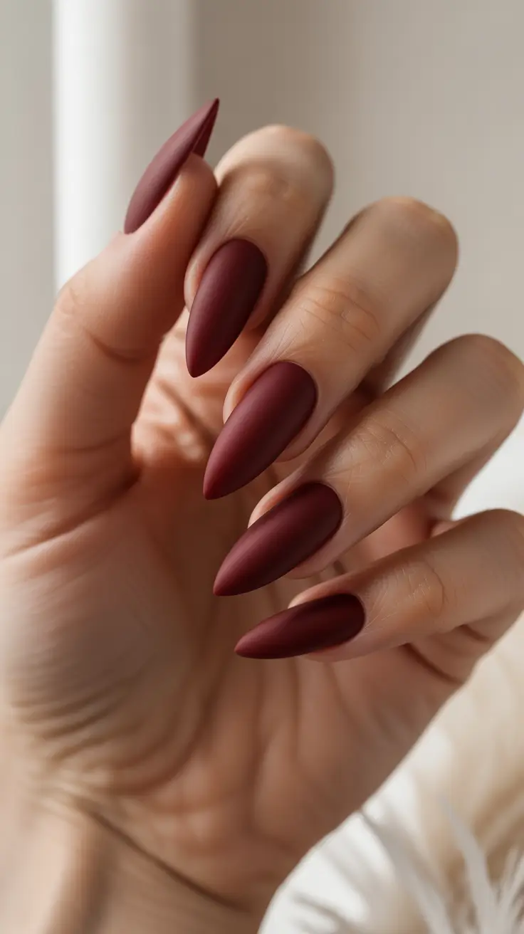 Winter Color Nails 2025-2026 - Velvet Matte Merlot Almond