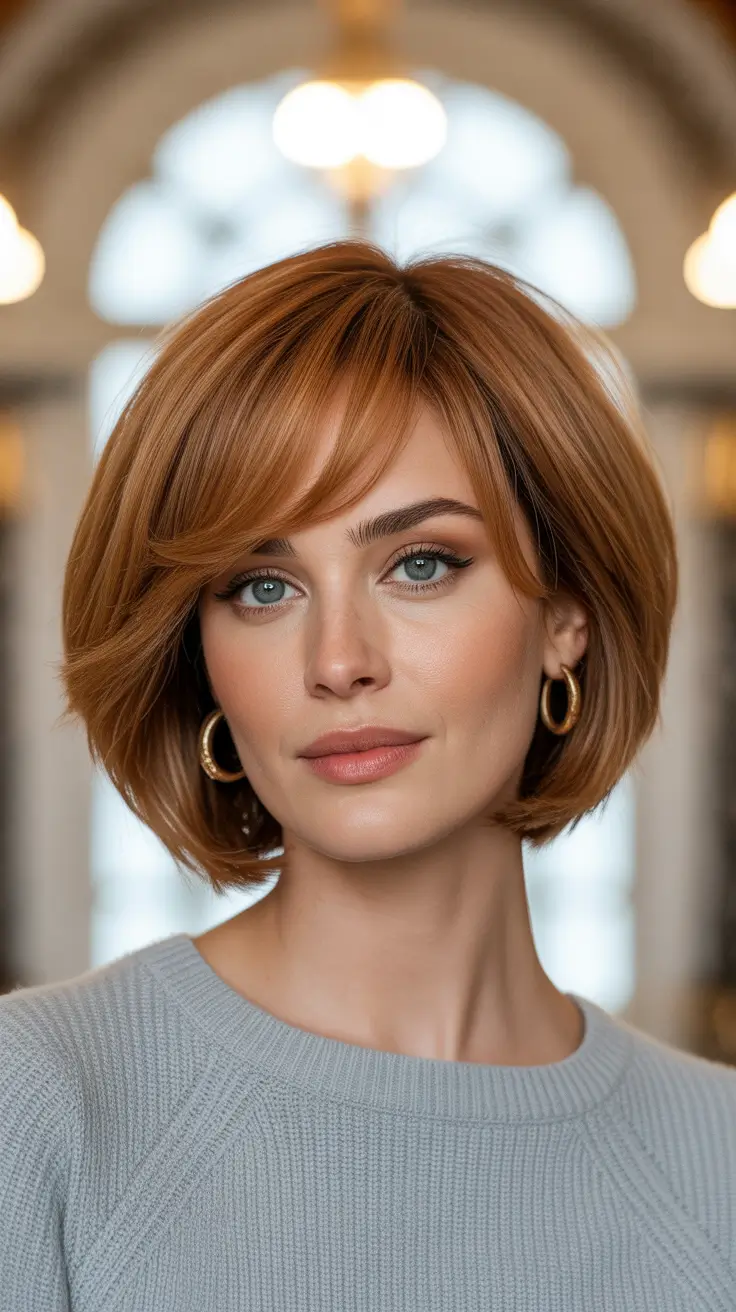 Hair Color Ideas: Auburn for Winter 2025 - 2026 - Honey-Auburn Parisian Bob With Swooped Fringe
