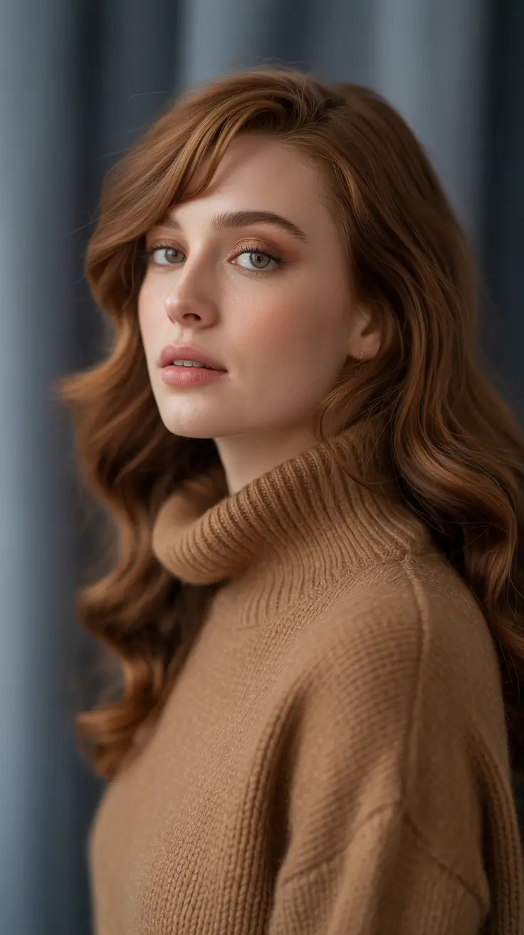 Ideas for Hair Color in 2025-2026 Winter: Smoky Chestnut-Auburn With Side-Swept Layers