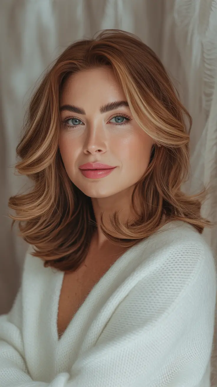 Caramel Highlights on an Auburn Lob with Feathered Layers