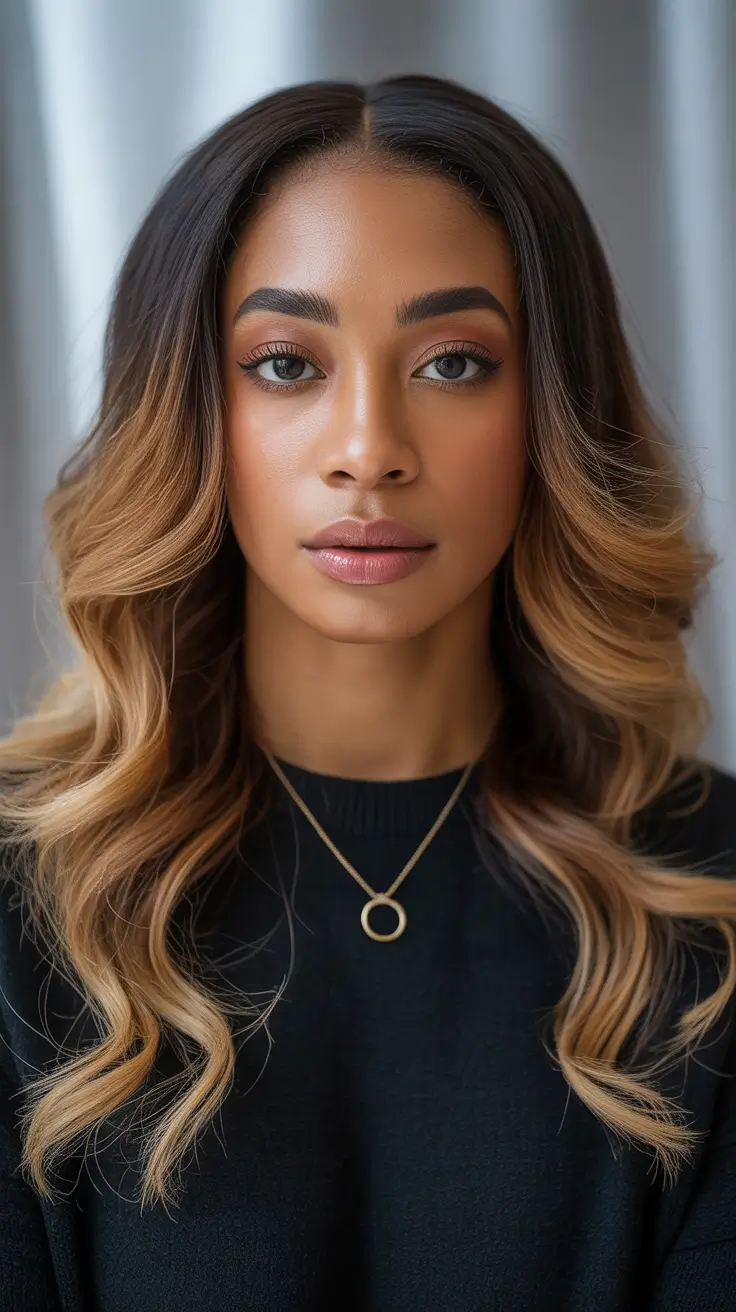winter hair colors for dark skin - Honey Brown Melt With Soft Waves