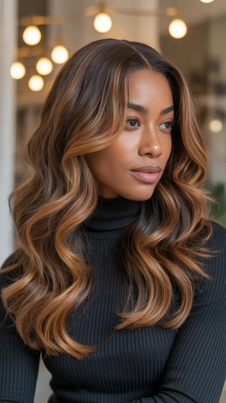 Hair Colors Winter 2025-2026 Dark Skin - Buttery Honey Brunette With Lush Waves