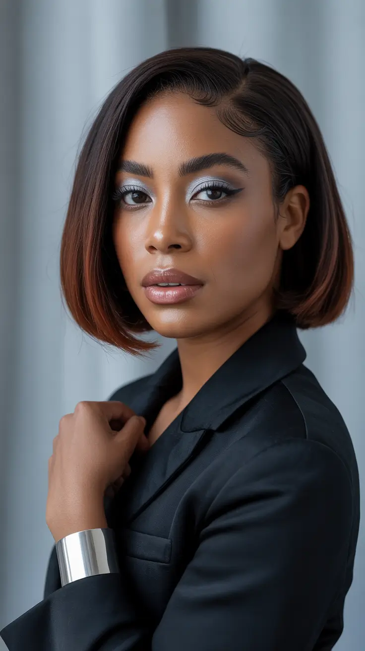 winter hair colors for dark skin - Chestnut Bob With Copper Halo