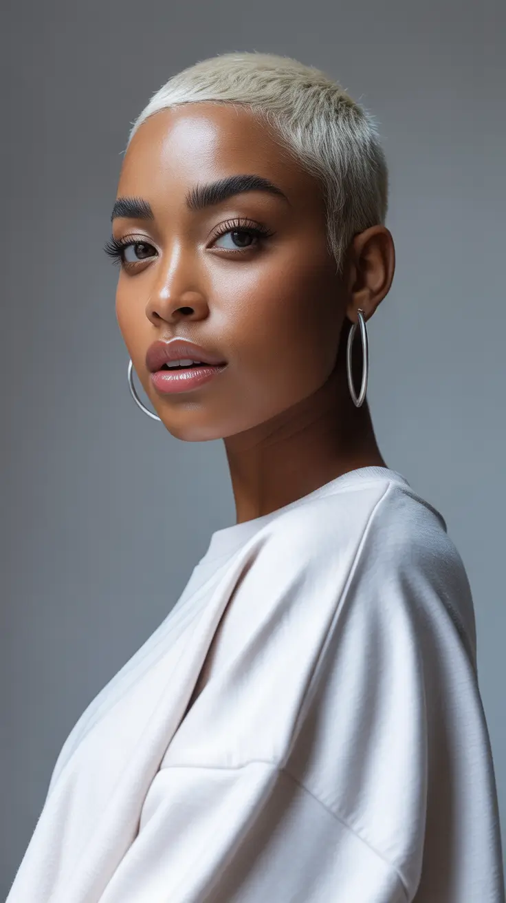 winter hair colors for dark skin - Icy Platinum Buzz - Minimalist and Short