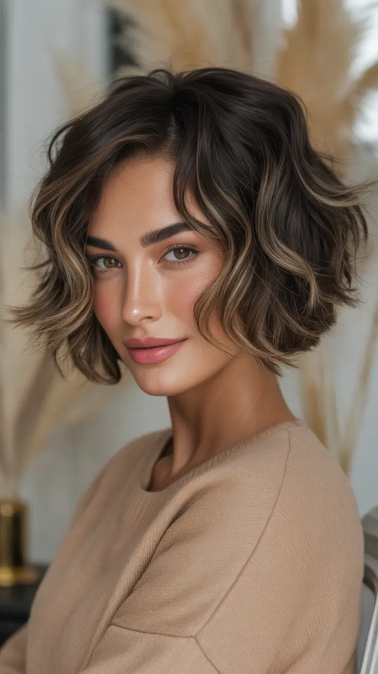 winter haircuts 2025 2026 - Textured Wavy Bob With Espresso Ribbons