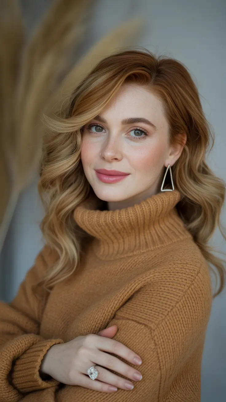 winter haircuts ideas 2025 / 2026 - Warm Honey Waves With Side Part