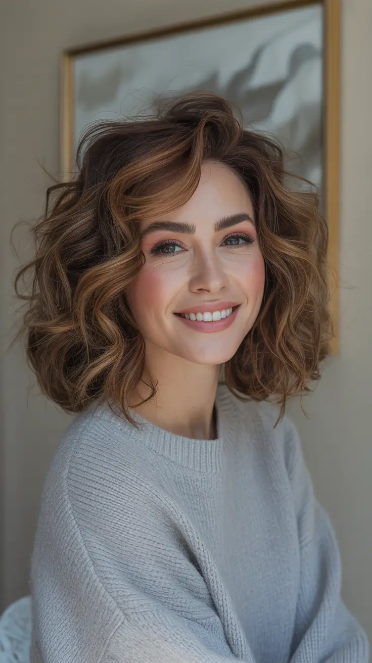 winter haircuts ideas 2025 / 2026 - Soft Curly Lob With Toasty Brunette Dimension