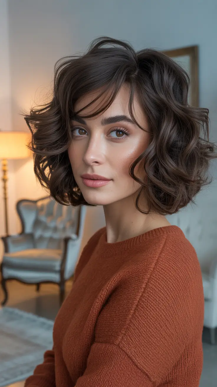 winter haircuts and colors - Cozy Curl Bob With Airy Fringe
