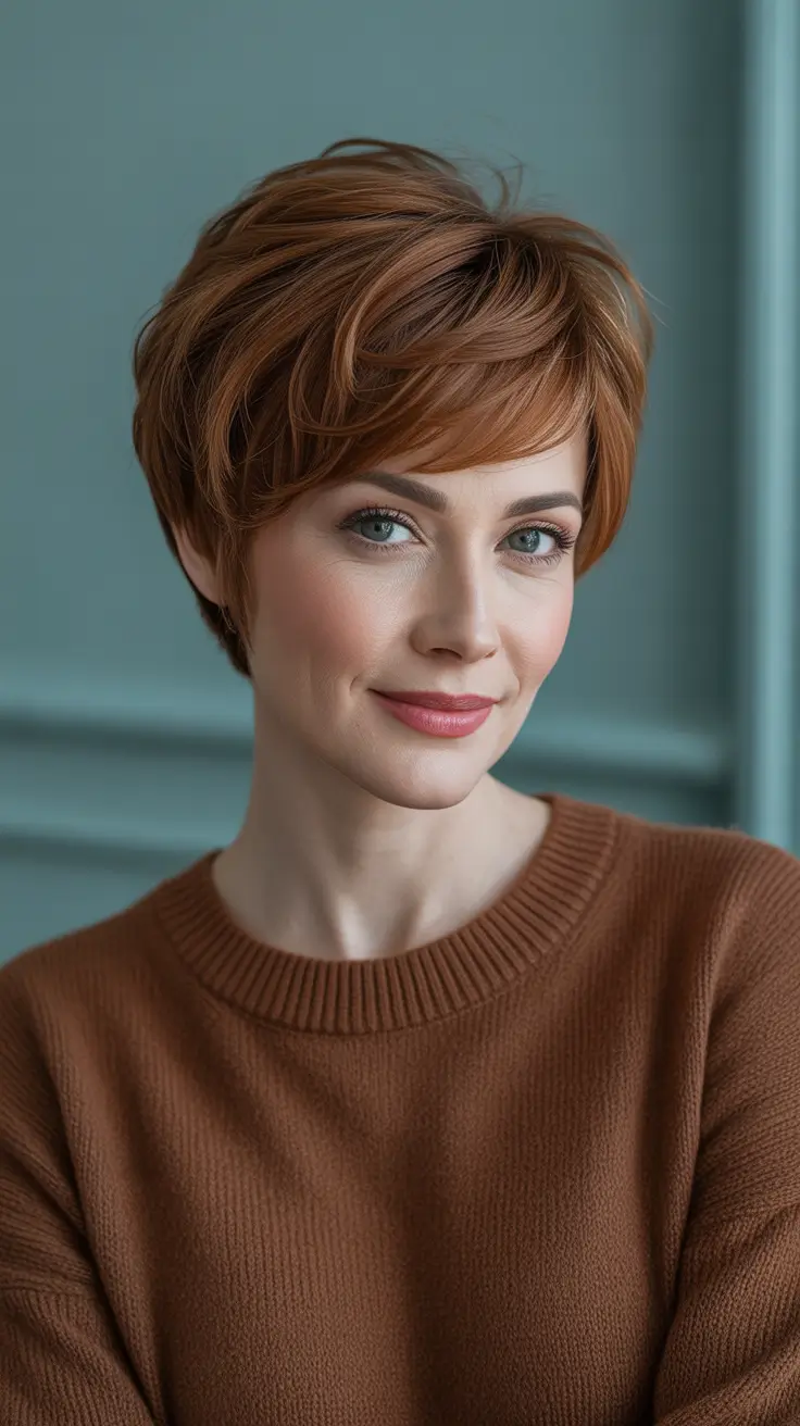 winter haircuts and colors - Textured Copper Pixie with Side Sweep