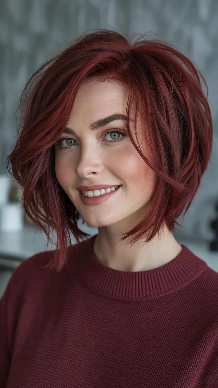 winter haircuts and colors - Mulled-Wine Textured Bob with Sideswept Volume