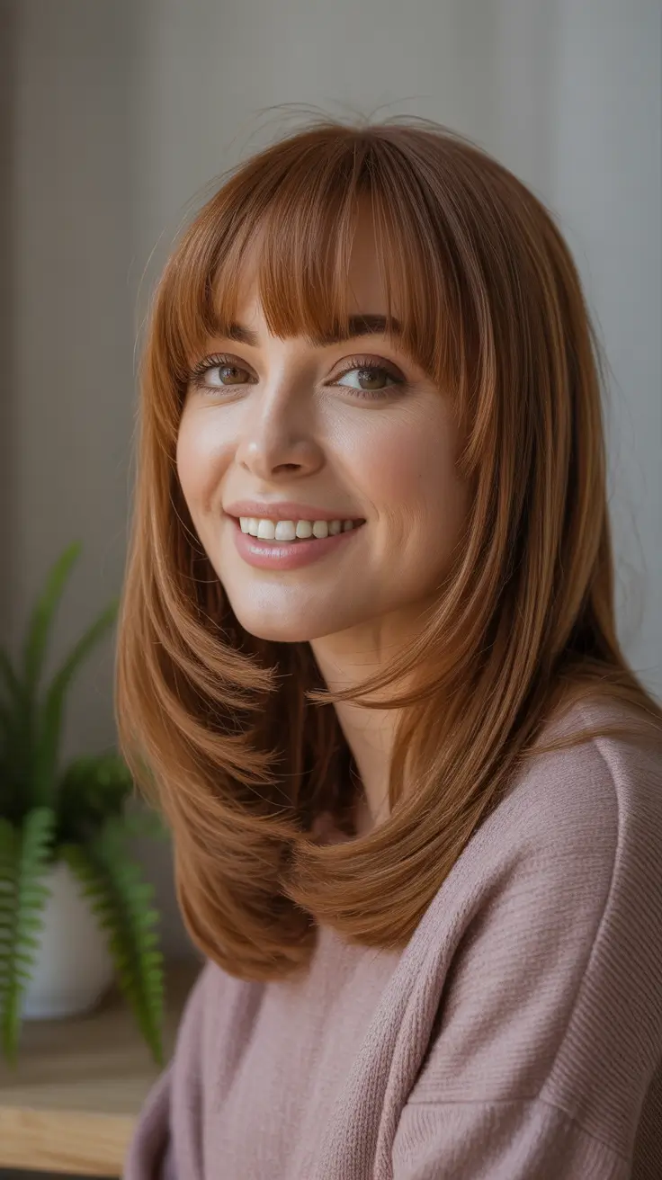 winter haircuts and colors - Feathered Medium Blowout with Full Fringe