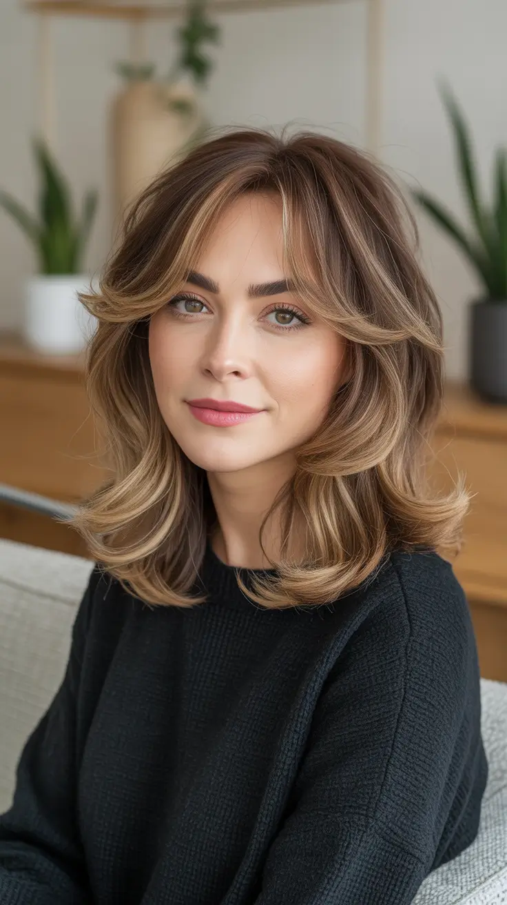 winter haircuts and colors - Bronde Butterfly Shag with Curtain Bangs