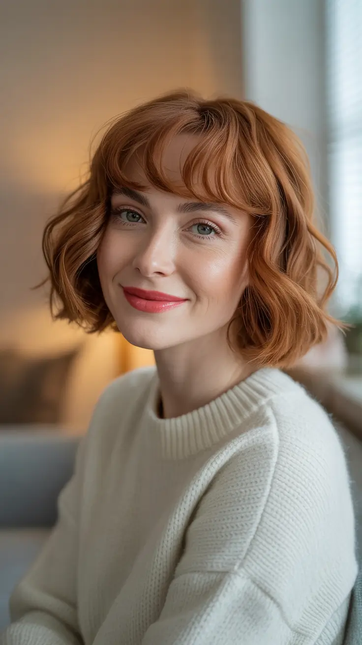 winter haircuts and colors - Ginger French Bob with baby fringe and bend