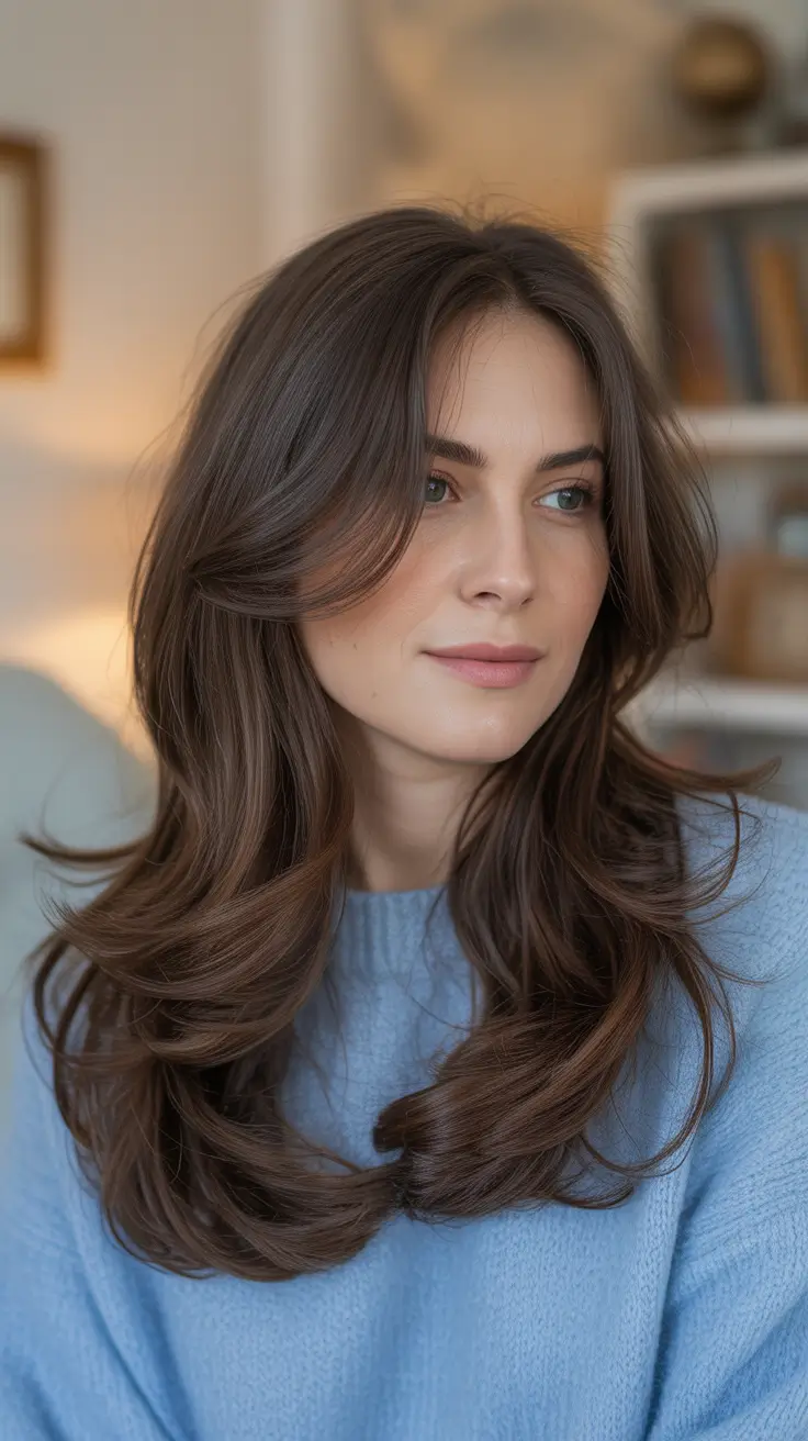 Warm Layers With Curtain Bangs - Winter Haircuts and Colors