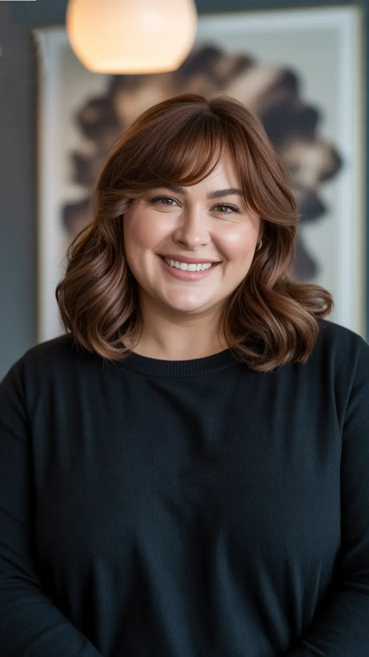 Plus Size Haircuts Winter 2025-2026 - Warm Chestnut Lob With Airy Curtain Bangs