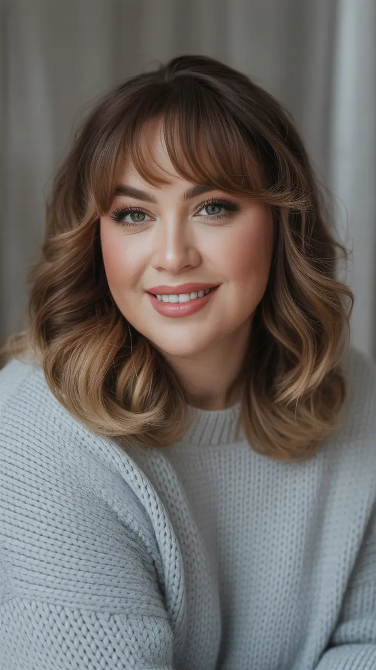 Plus Size Haircuts Winter 2025-2026 - Caramel-Glazed Medium Lob With Feathered Curtain Bangs