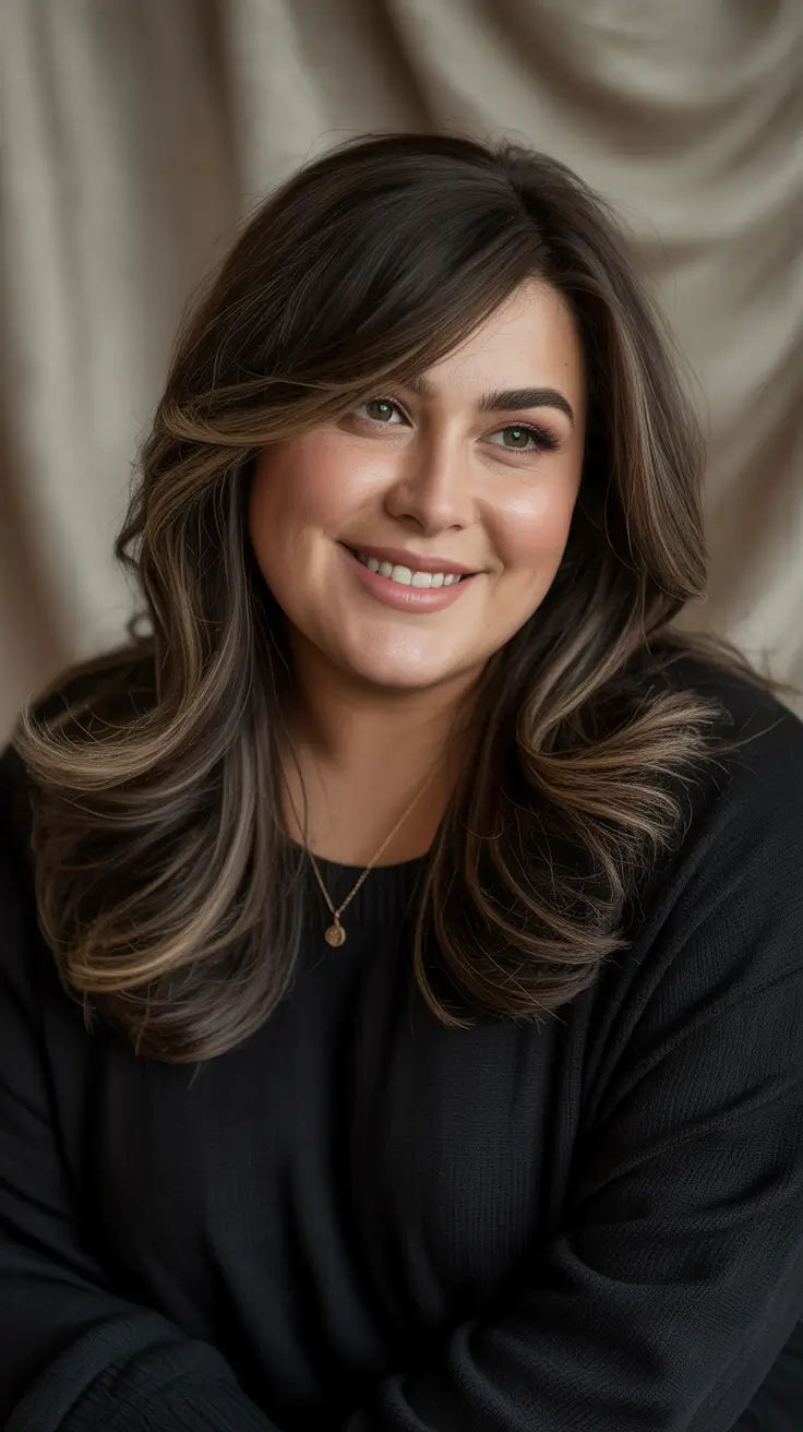 Plus Size Haircuts Winter 2025-2026 - Dimensional Brunette With Swoopy Layers and Soft Bang Veil