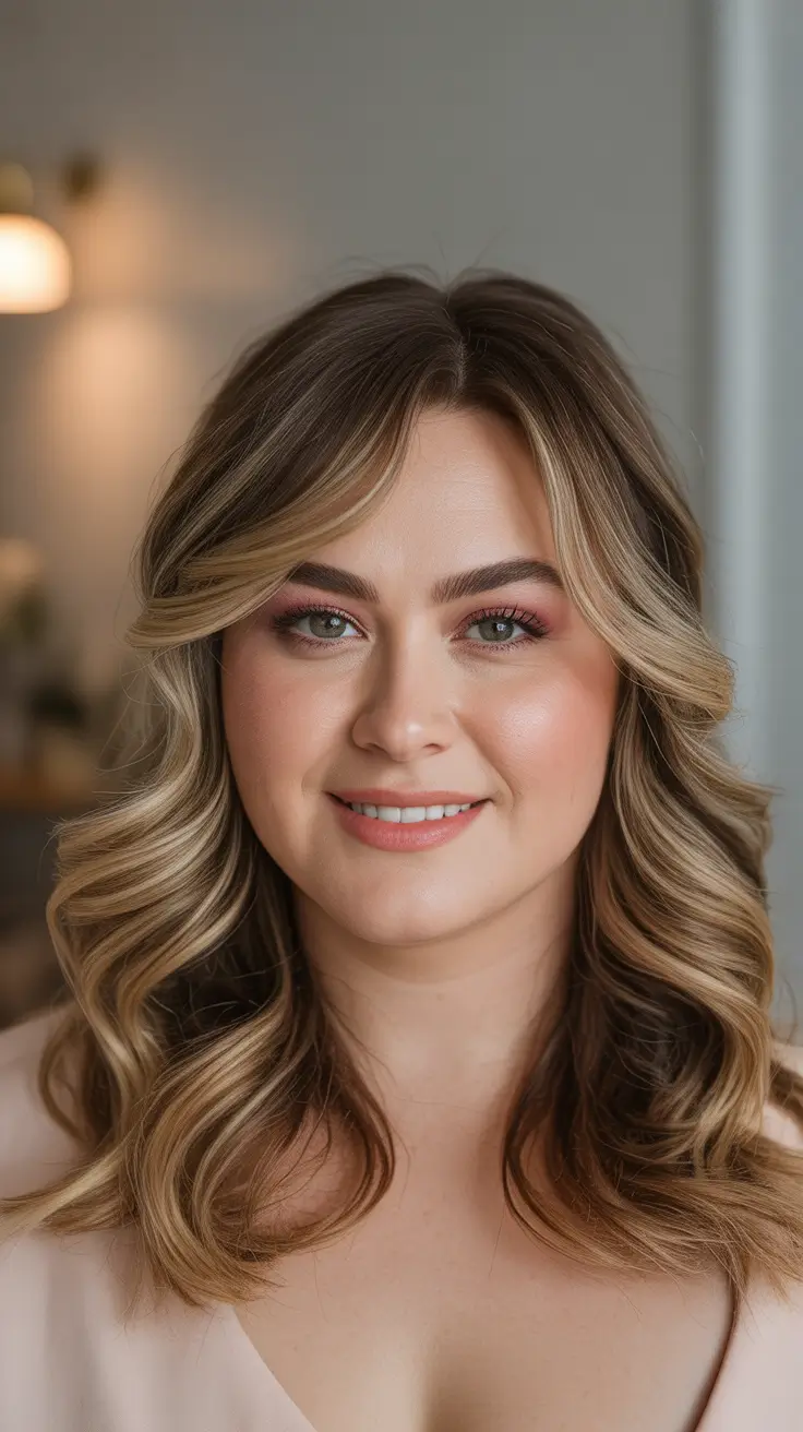 Plus Size Haircuts Winter 2025-2026 - Beige-Blonde Lob With Soft Curtain Bangs and S-Curls