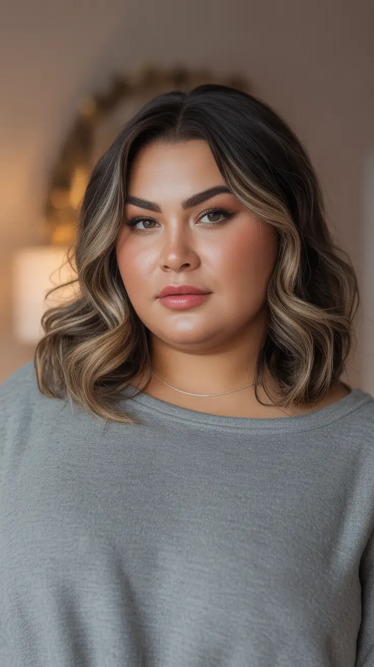 Plus Size Haircuts Winter 2025-2026 - Face-Framing Balayage Lob With Soft Waves