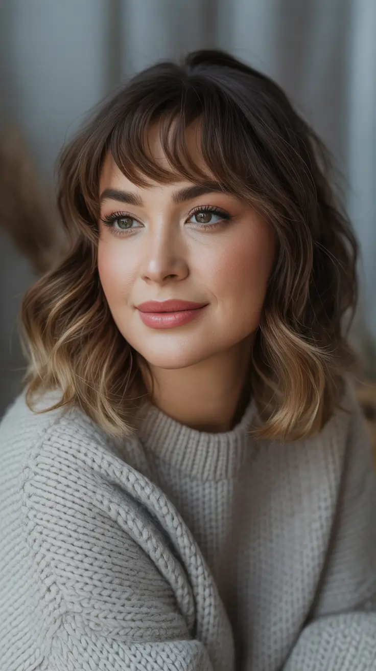 Winter Haircuts for Round Faces - Wavy Short Bob with Soft Baby Fringe