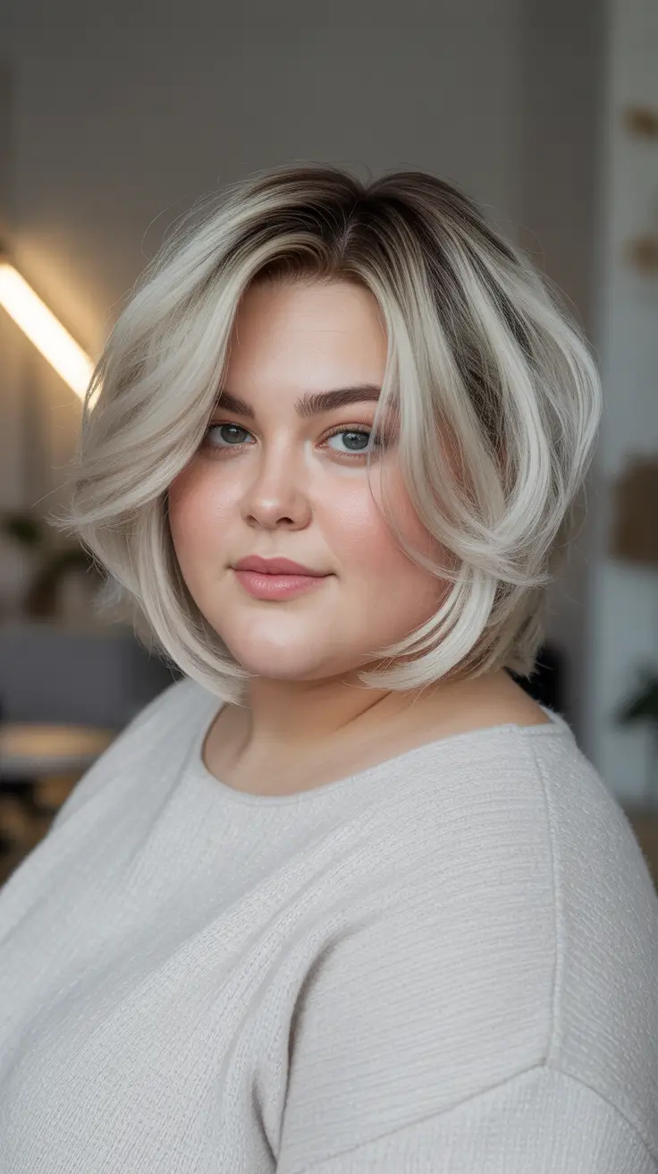 winter haircuts for round faces - Frosty Volumized Bob with Face-Framing Layers