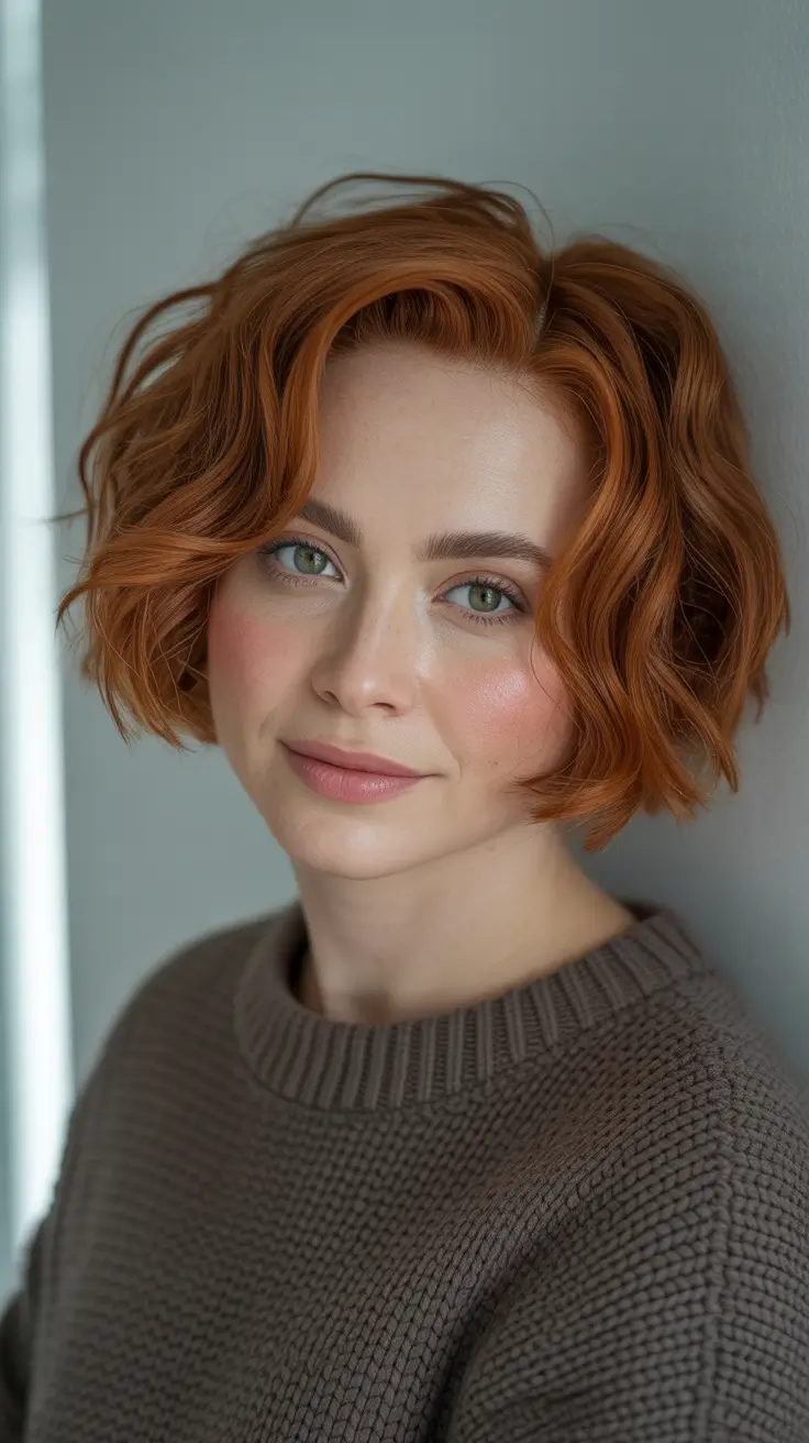 winter haircuts for round faces - Warm Copper Wave Bob, Jaw-Skimming